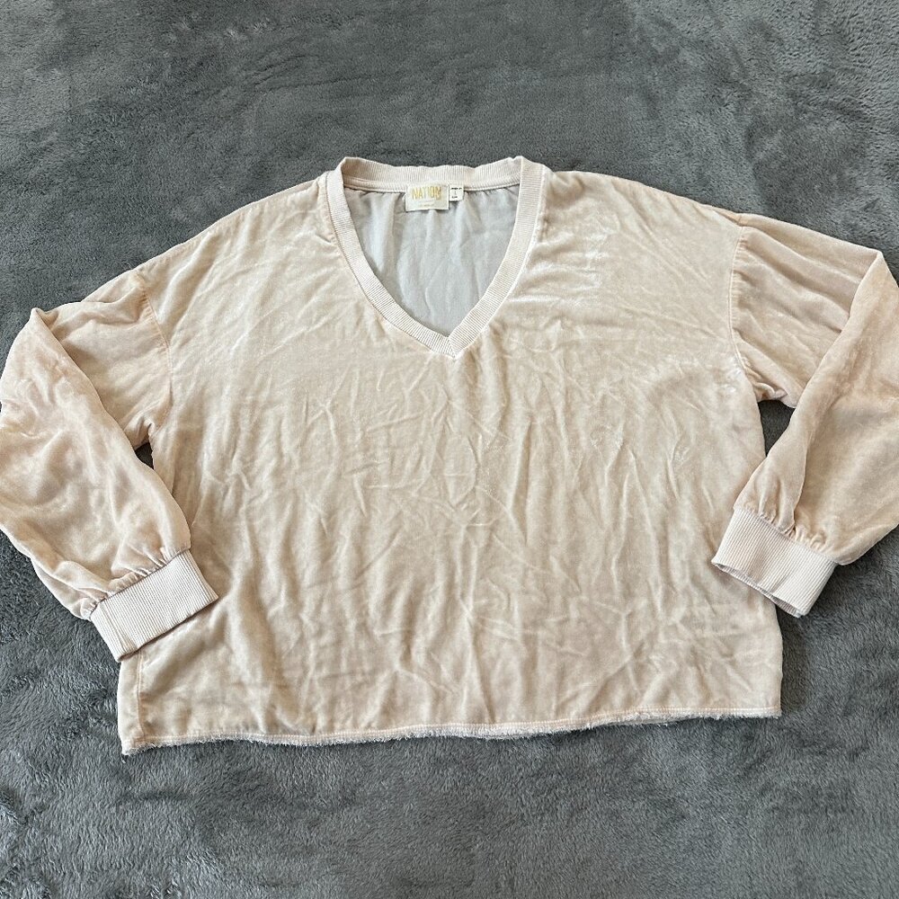 Nation LTD Peach Velvet Velour V-Neck Long Sleeve Shirt LARGE Top Blouse